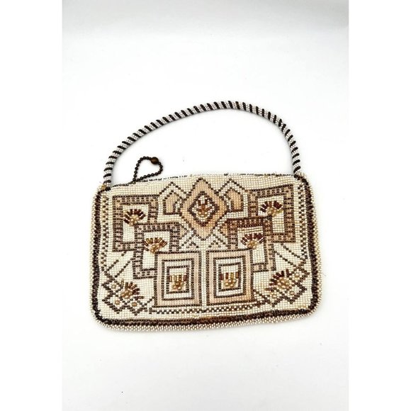 Vintage Handbags - Vintage Art Deco Beaded Purse Bag Czechoslovakia Cream Brown Geometric Patterns